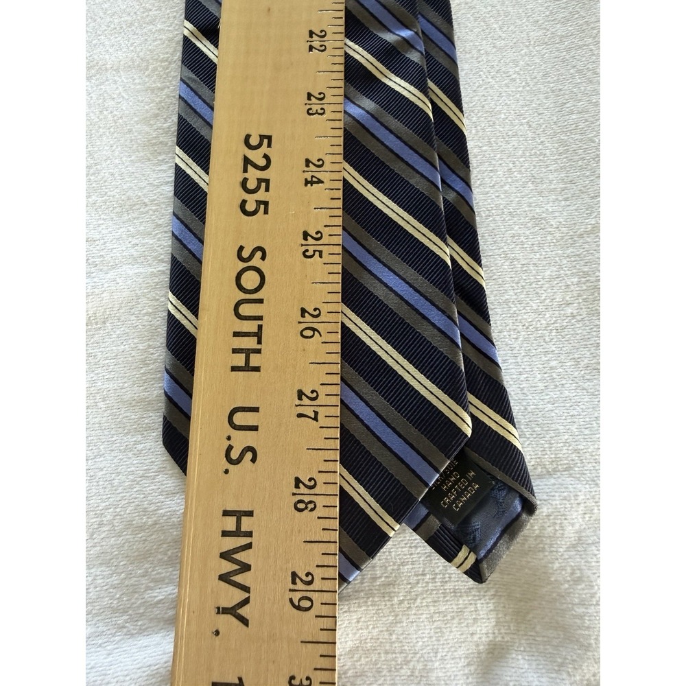 Dion Signature Italian Silk Striped Tie Made in Canada Blue Gray Gold - Picture 6 of 6